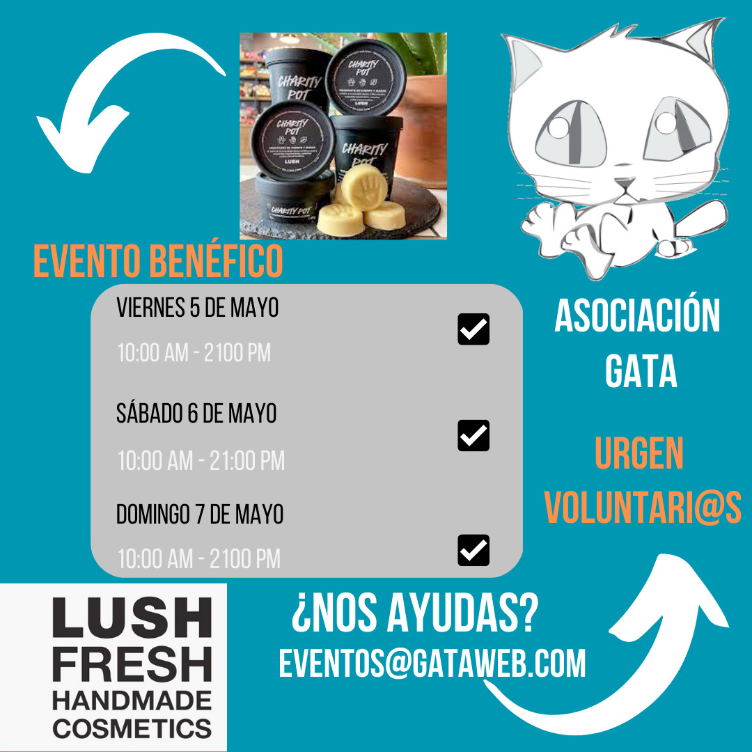 EVENTO SOLIDARIAO LUSH + ASOCIACIÓN GATA MADRID 5,6 y 7 MAYO